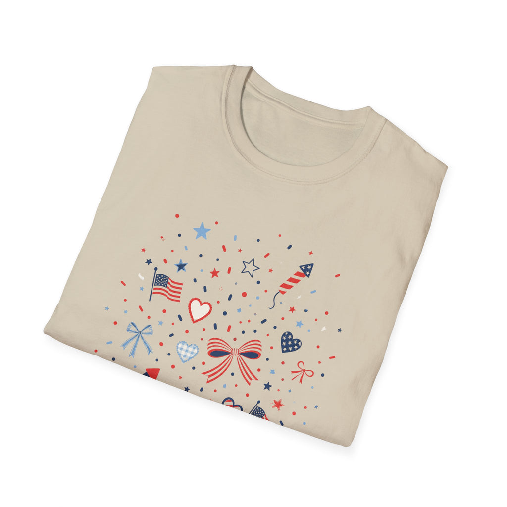 Patriotic Doodle Collage T-Shirt, Cute 4th of July Bow Heart Flag Confetti Tee, Whimsical Festive America Shirt, Coquette Patriotic Icon Scatter Gift