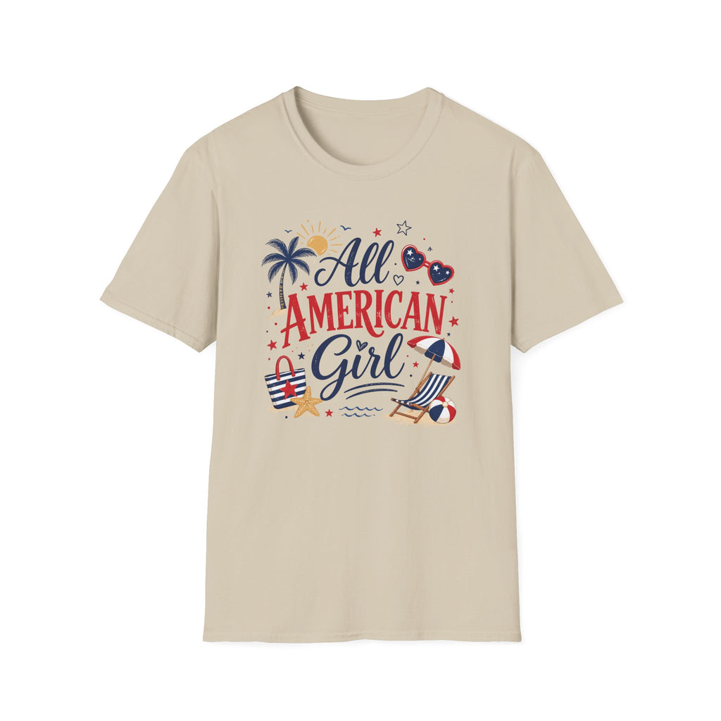 All American Girl Graphic Tee - Patriotic 4th of July Summer Beach T-Shirt