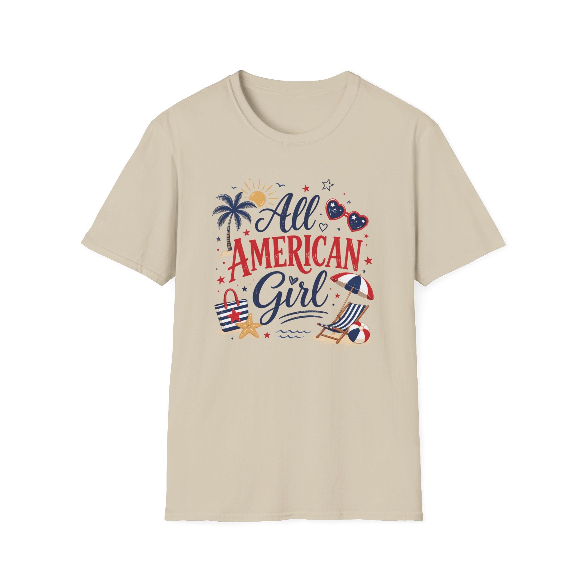 All American Girl Graphic Tee - Patriotic 4th of July Summer Beach T-Shirt