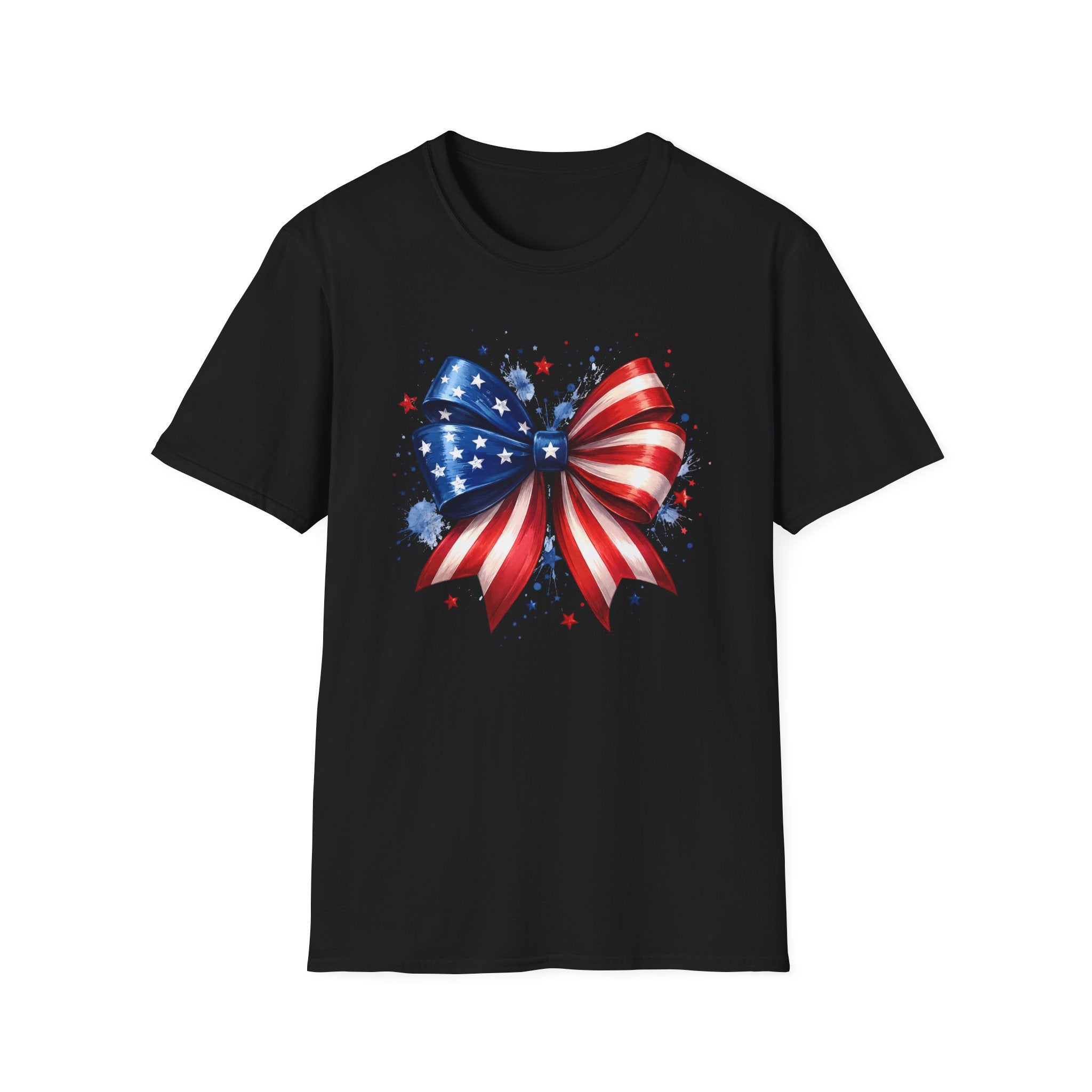 Watercolor American Flag Bow 4th of July Graphic Tee Stars Stripes - Patriotic Coquette T-Shirt