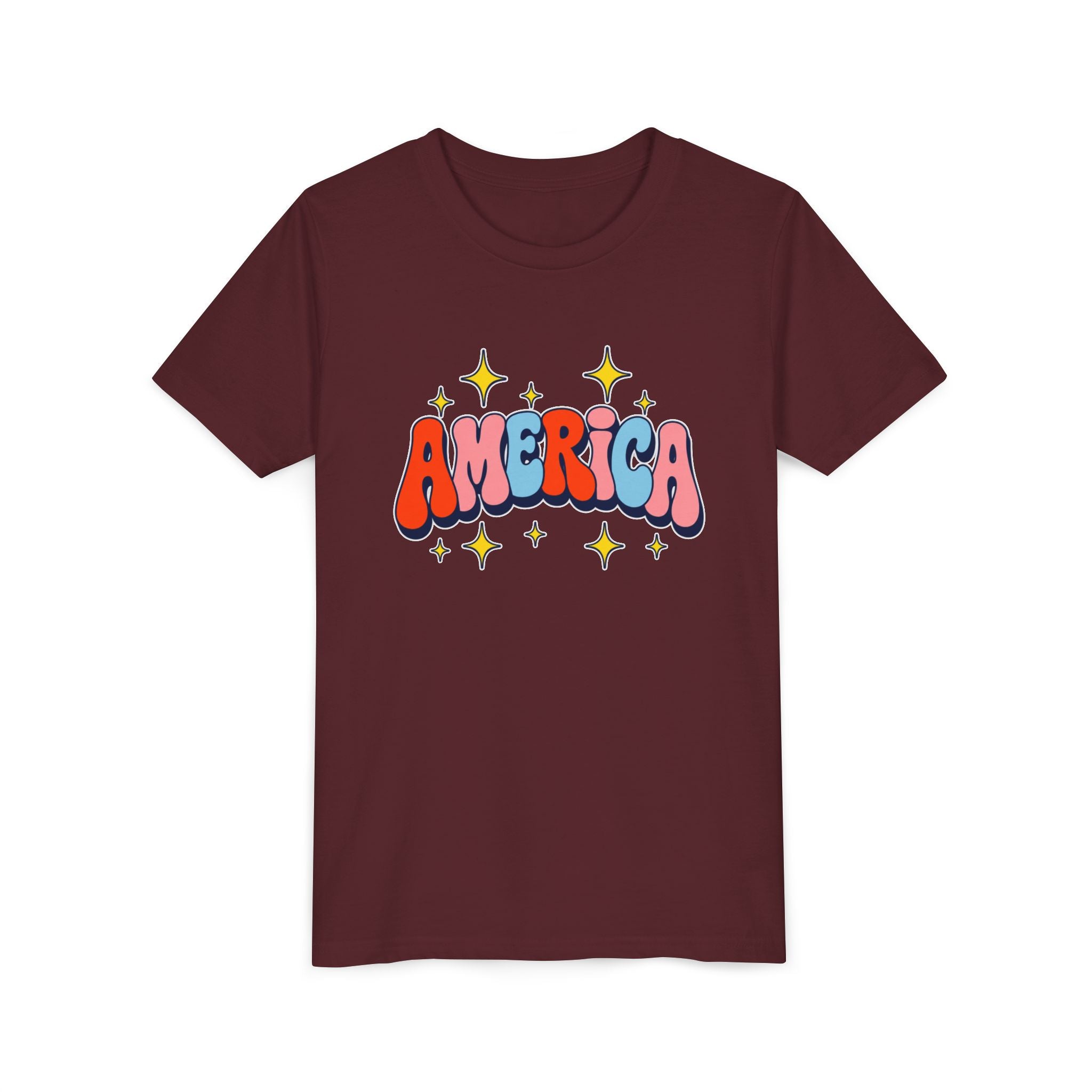 America Bubble Letters Tee, Patriotic Red Blue Graphic Shirt, Cute USA Star Design Top, Fourth of July Celebration Outfit Youth Short Sleeve Tee