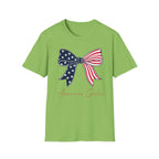 American Girlie Bow Shirt, Clean Split Flag Coquette Tee, Navy Stars Red Stripes Bow 4th of July Women Girls, Bold Graphic Patriotic Script Gift Independence Day