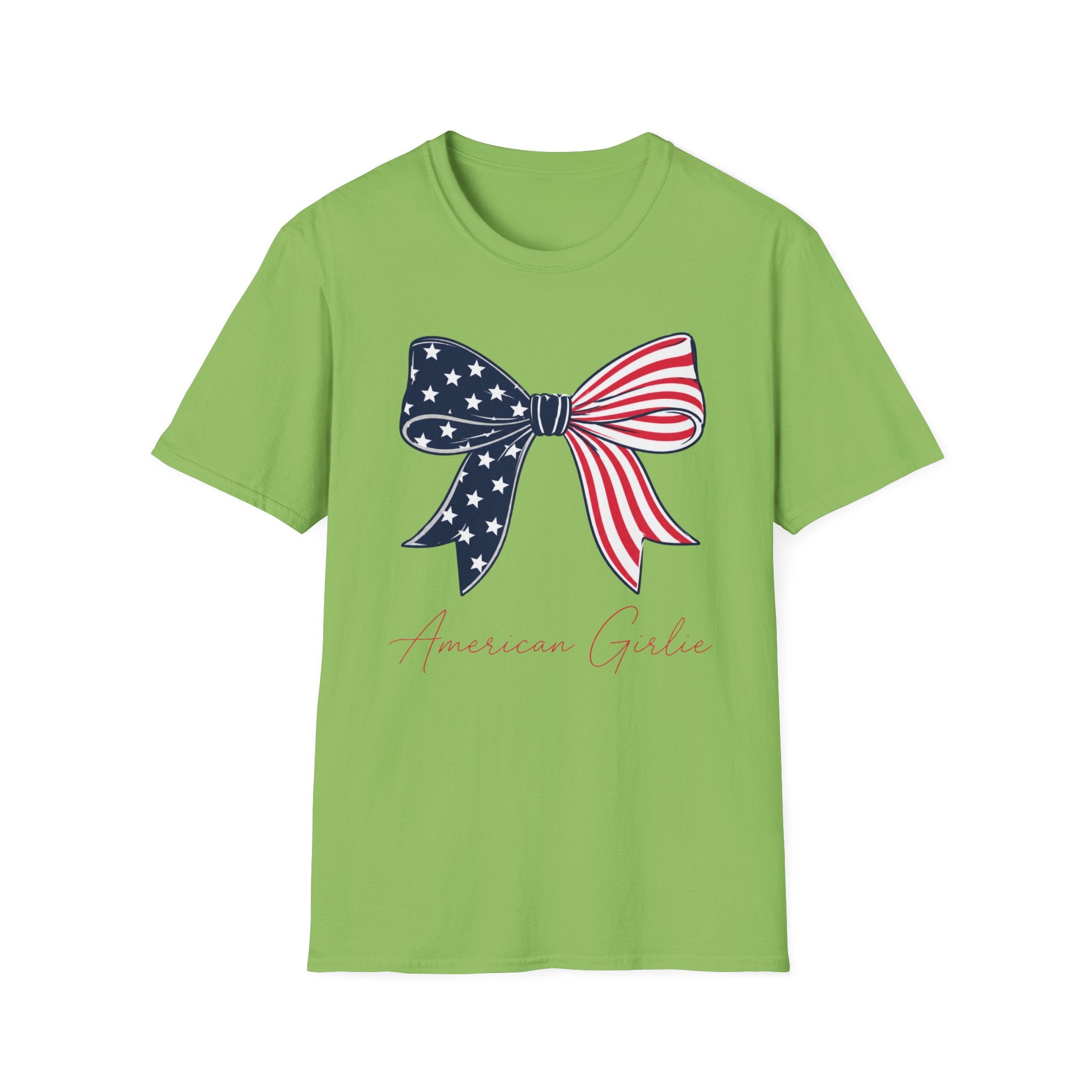 American Girlie Bow Shirt, Clean Split Flag Coquette Tee, Navy Stars Red Stripes Bow 4th of July Women Girls, Bold Graphic Patriotic Script Gift Independence Day