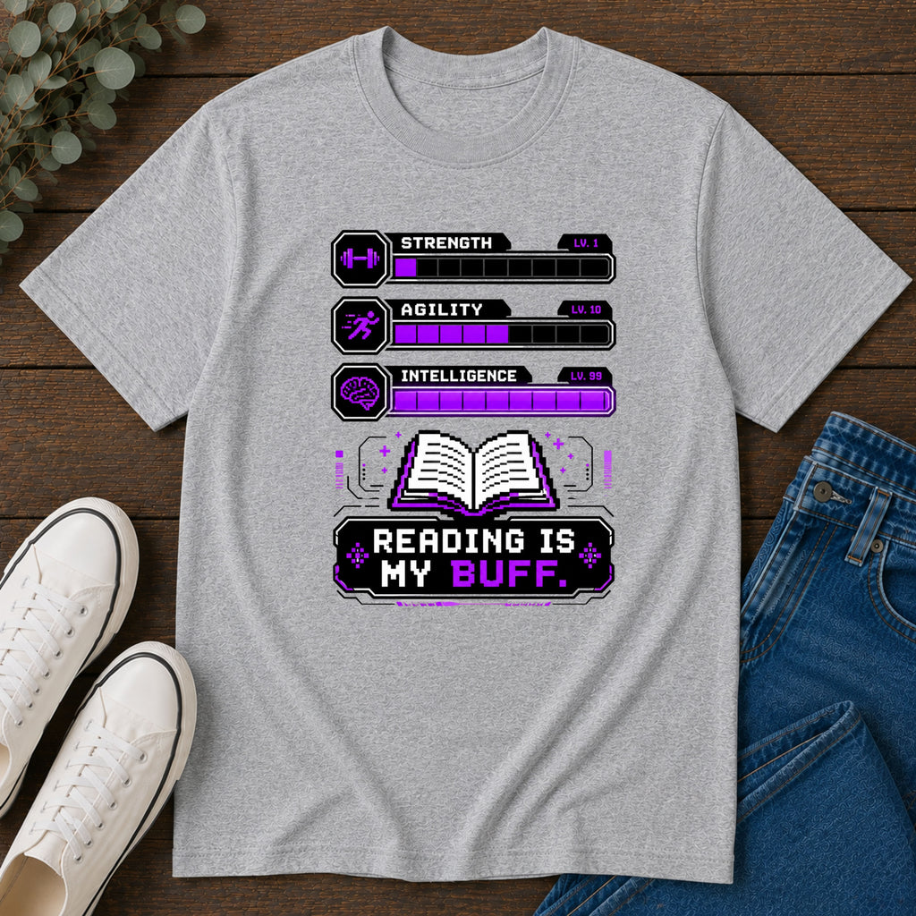 Reading Is My Buff T-Shirt — Gamer RPG Stat Bars Book Lover Tee