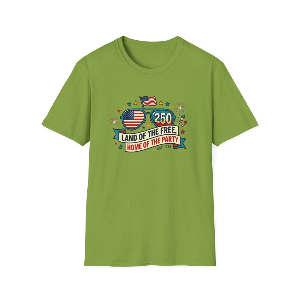 Land of the Free Home of the Party Tee, USA 250 Sunglasses Shirt, Red White Blue Celebration Graphic Top, Patriotic Fourth of July Outfit T-Shirt
