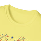 Fourth of July Beach Scene T-Shirt, Patriotic Summer Ocean Surfboard Tee, 4th of July Beach Vacation Shirt, Fireworks Umbrella Surfboard America
