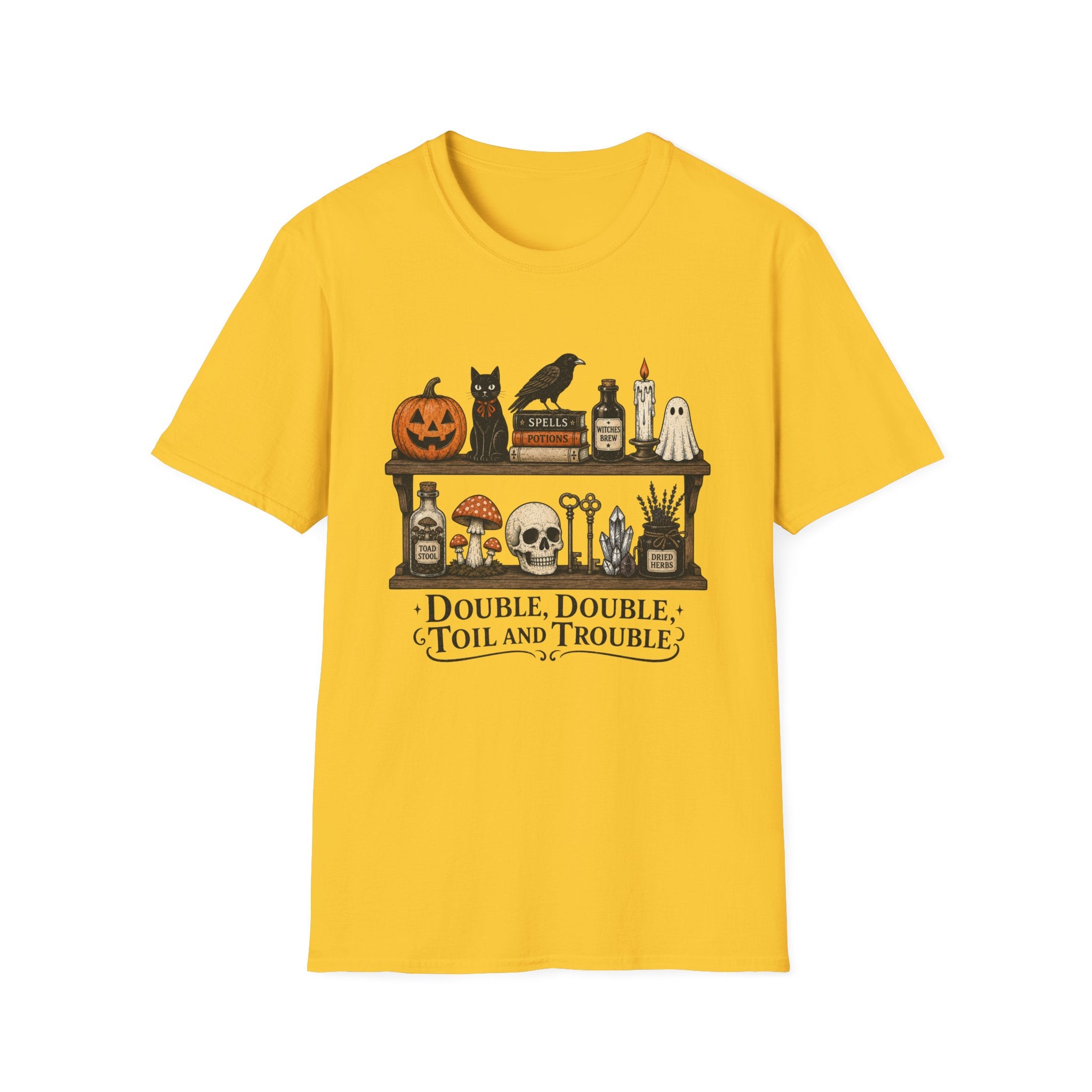 Halloween Potion Shelf T‑Shirt — "Double, Double, Toil and Trouble"