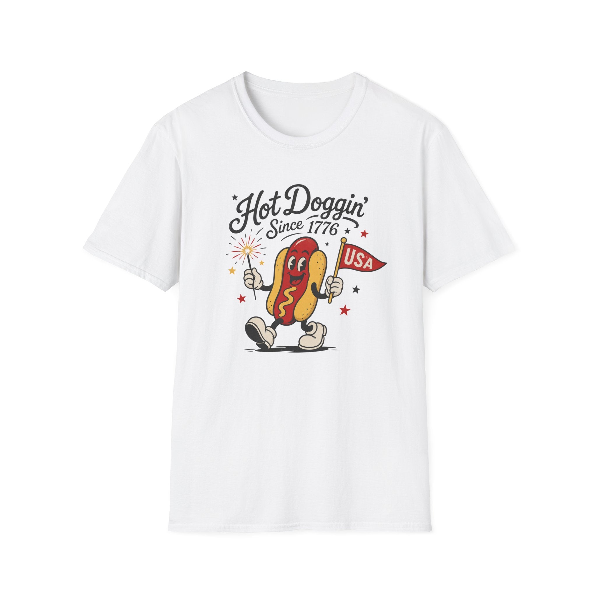 Hot Doggin Since 1776 Tee, Patriotic USA Hot Dog Shirt, Fun Red White Blue Graphic Top, Fourth of July Celebration Outfit Unisex Softstyle T-Shirt