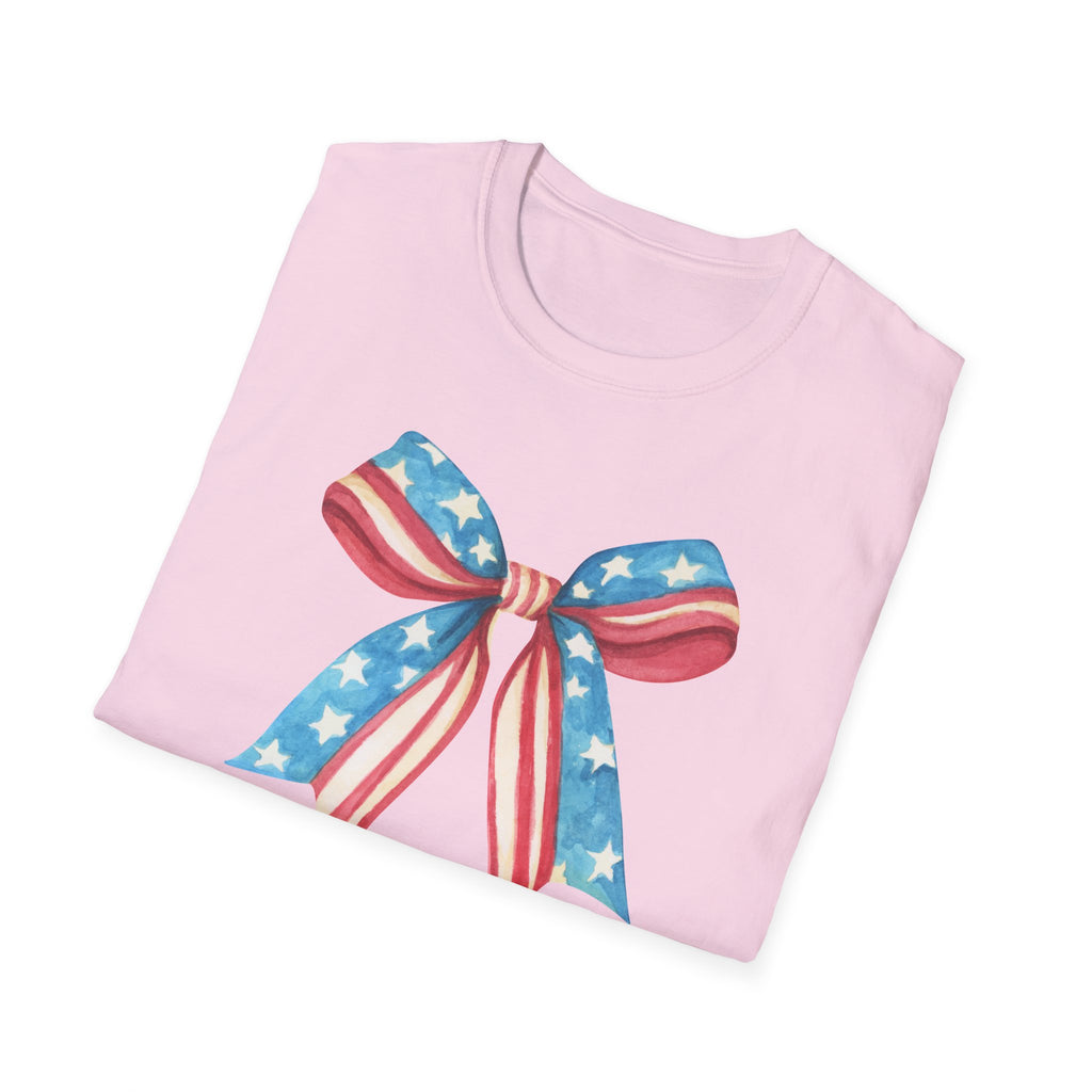 Coquette Patriotic Bow Shirt, 4th of July Women's T-Shirt, American Flag Bow Tee, USA Watercolor Bow, Stars and Stripes Shirt, Independence Day Gift