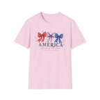 America Land of the Free Graphic Tee - Patriotic 4th of July Coquette Bow T-Shirt