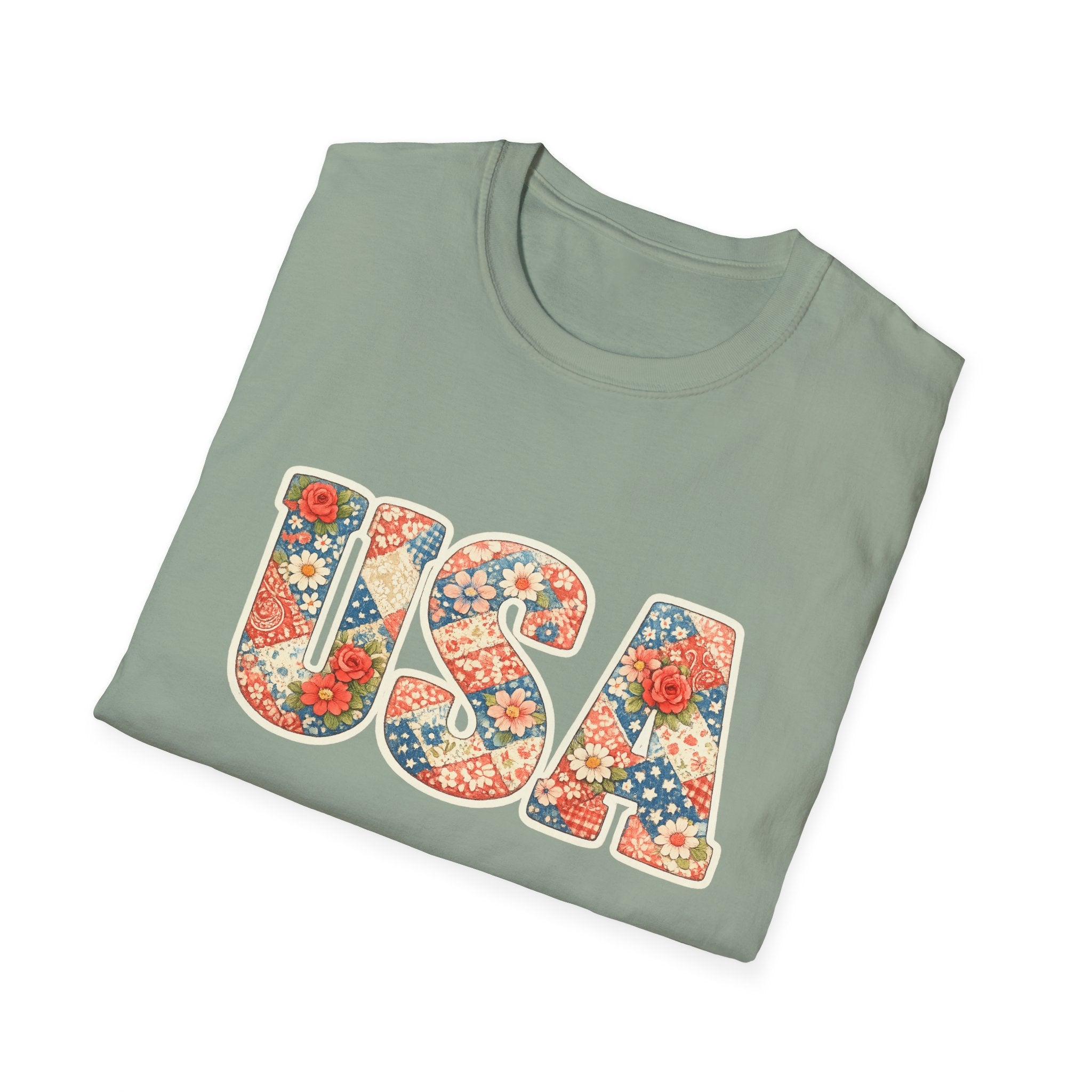 Quilted Patchwork USA T-Shirt, Vintage Floral Rose Daisy America Tee, Cottagecore Patriotic Letter Shirt, 4th of July Grandma Quilt Style
