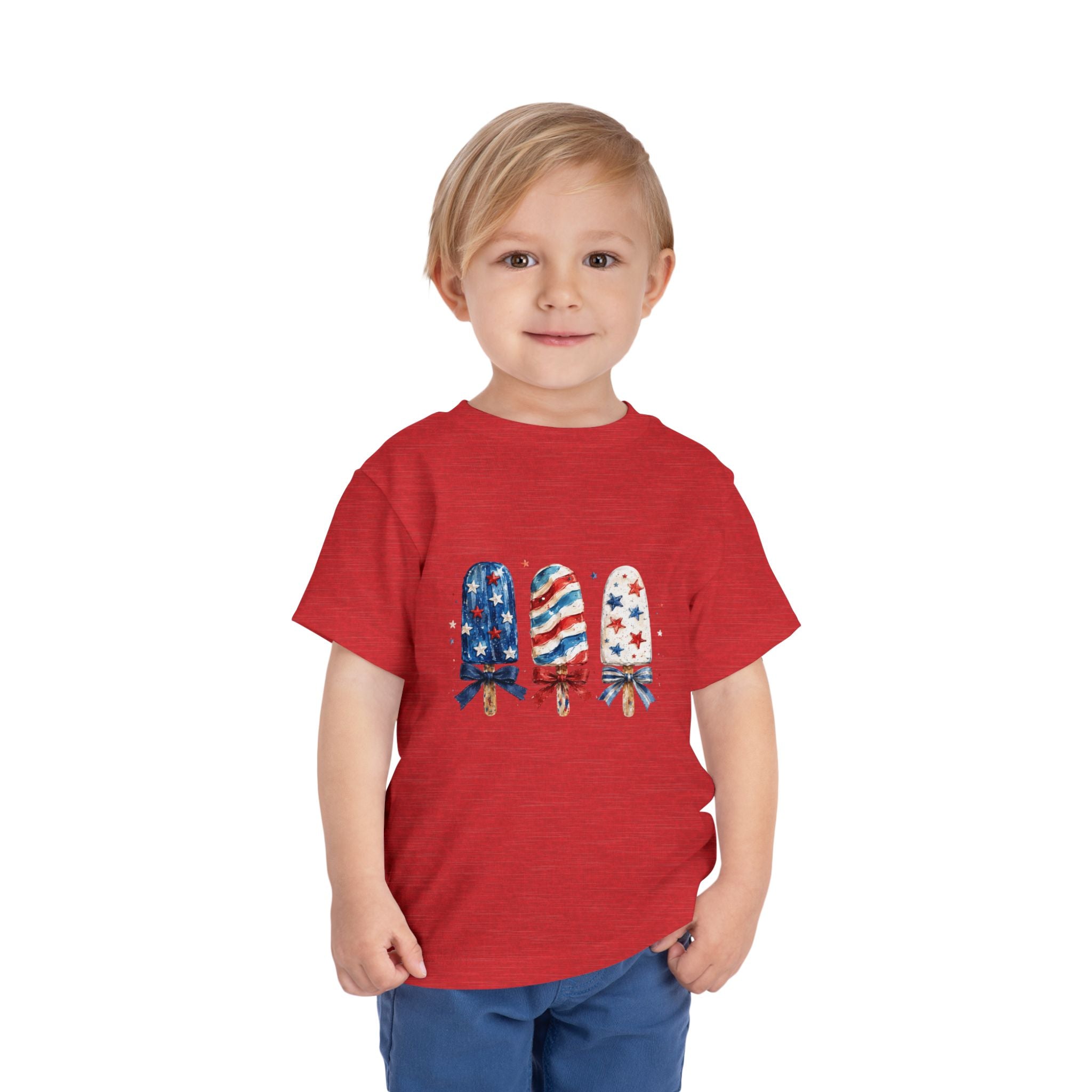 Patriotic Popsicle Trio Tee, Red White Blue USA Shirt, Cute Summer Fireworks Graphic Top, Fourth of July Celebration Outfit Toddler Short Sleeve Tee