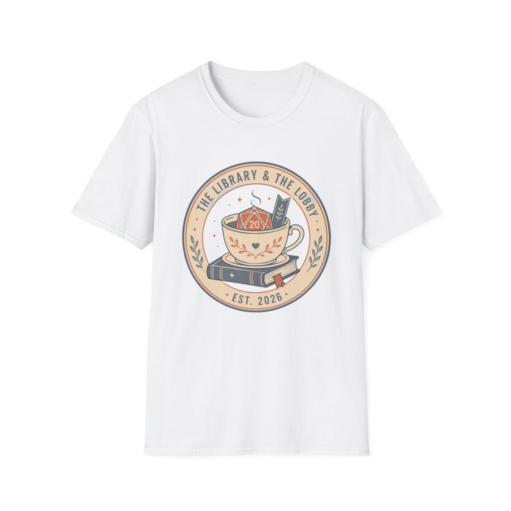 Library & The Lobby Tea Cup T‑Shirt — 'The Library & The Lobby' Vintage Bookstore Tee