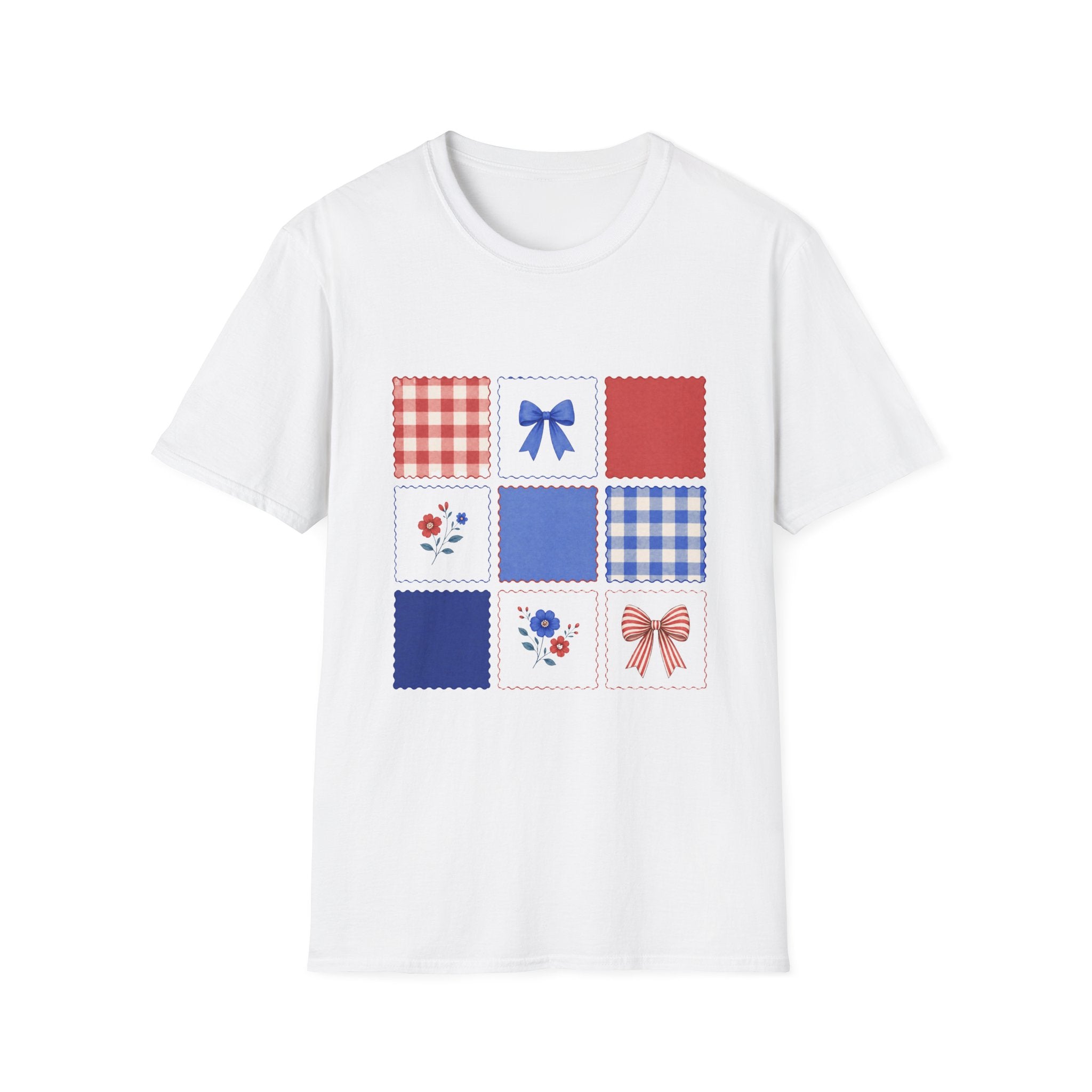 Patriotic Quilt Patch T-Shirt, Coquette Bow Gingham Nine Patch Tee, Cottagecore 4th of July Grid Shirt, Red Blue Floral Folk Quilt Square