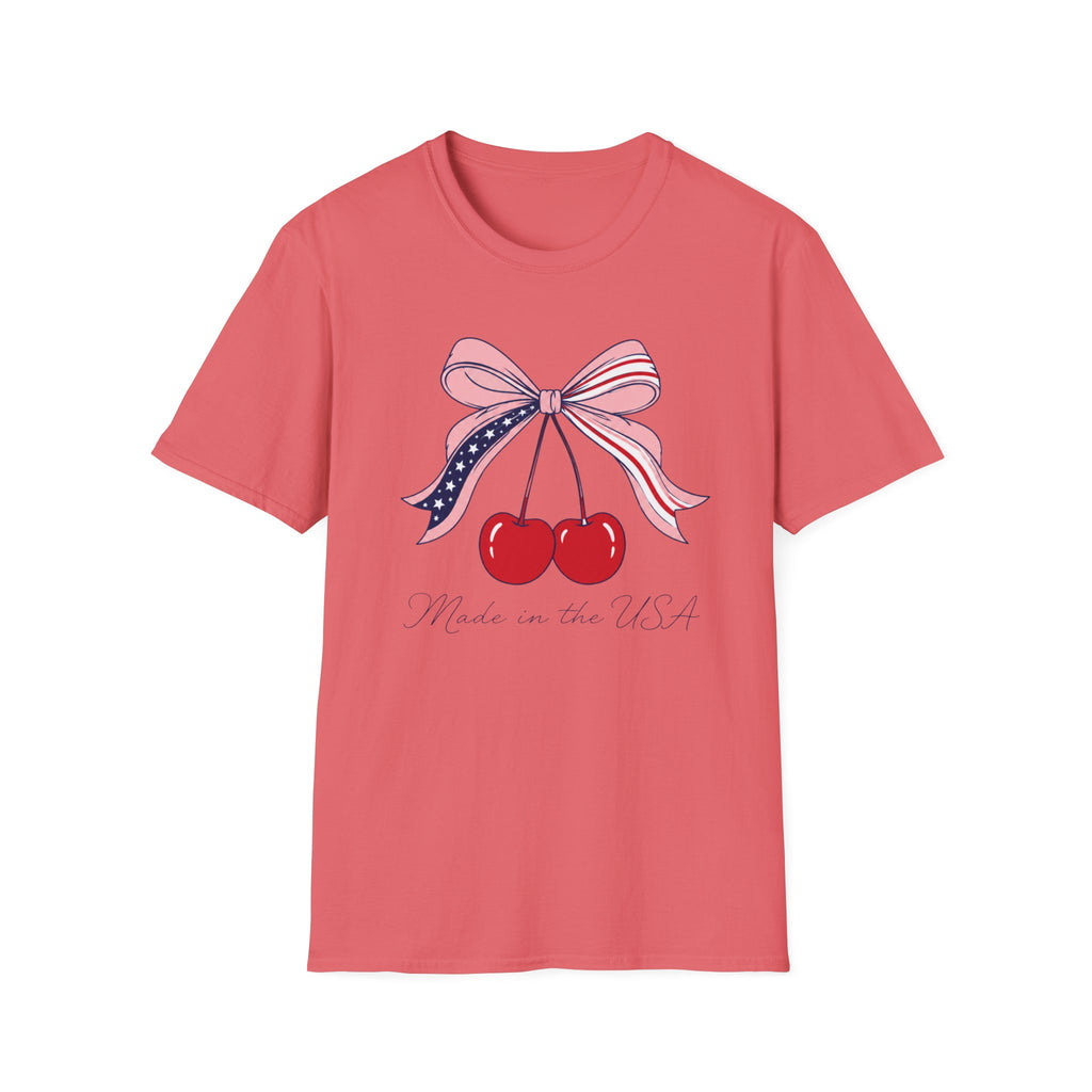 Made in the USA Cherry Tee, Patriotic Red White Blue Shirt, Cute Bow Fruit Graphic Top, Fourth of July Summer Outfit Unisex Softstyle T-Shirt