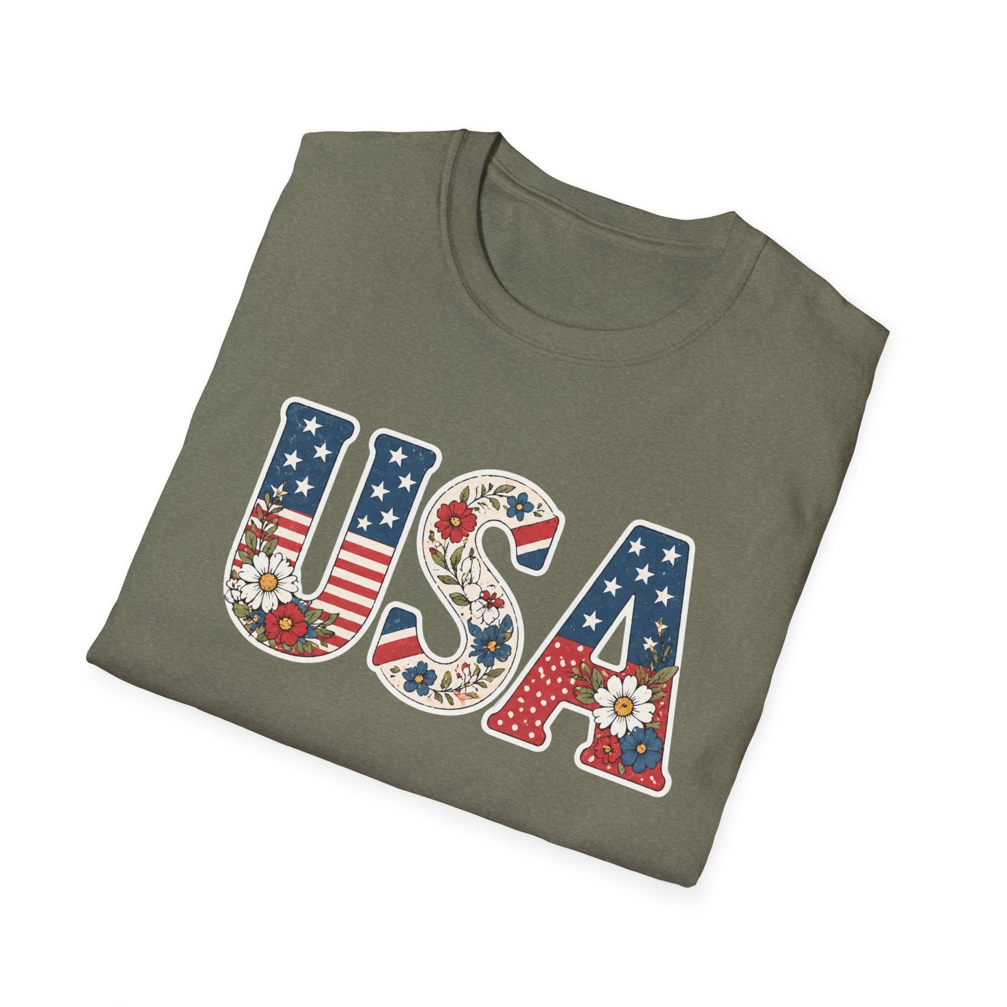 USA Patriotic Floral T-Shirt | American Flag Block Lettering Graphic Tee, Fourth Of July Vintage Cottagecore Top