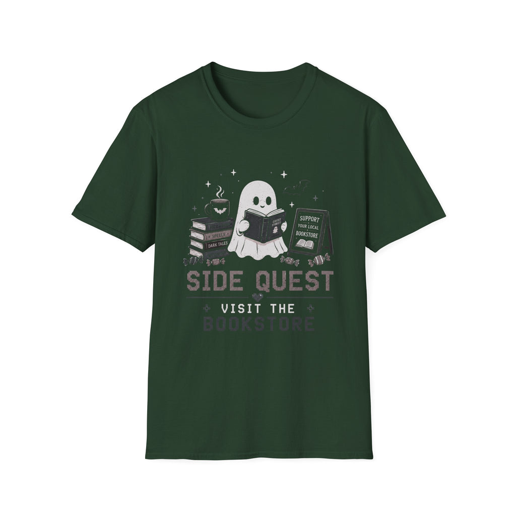 Ghost Reader T-Shirt — "Side Quest: Visit the Bookstore" Cute Halloween Book Lover Tee