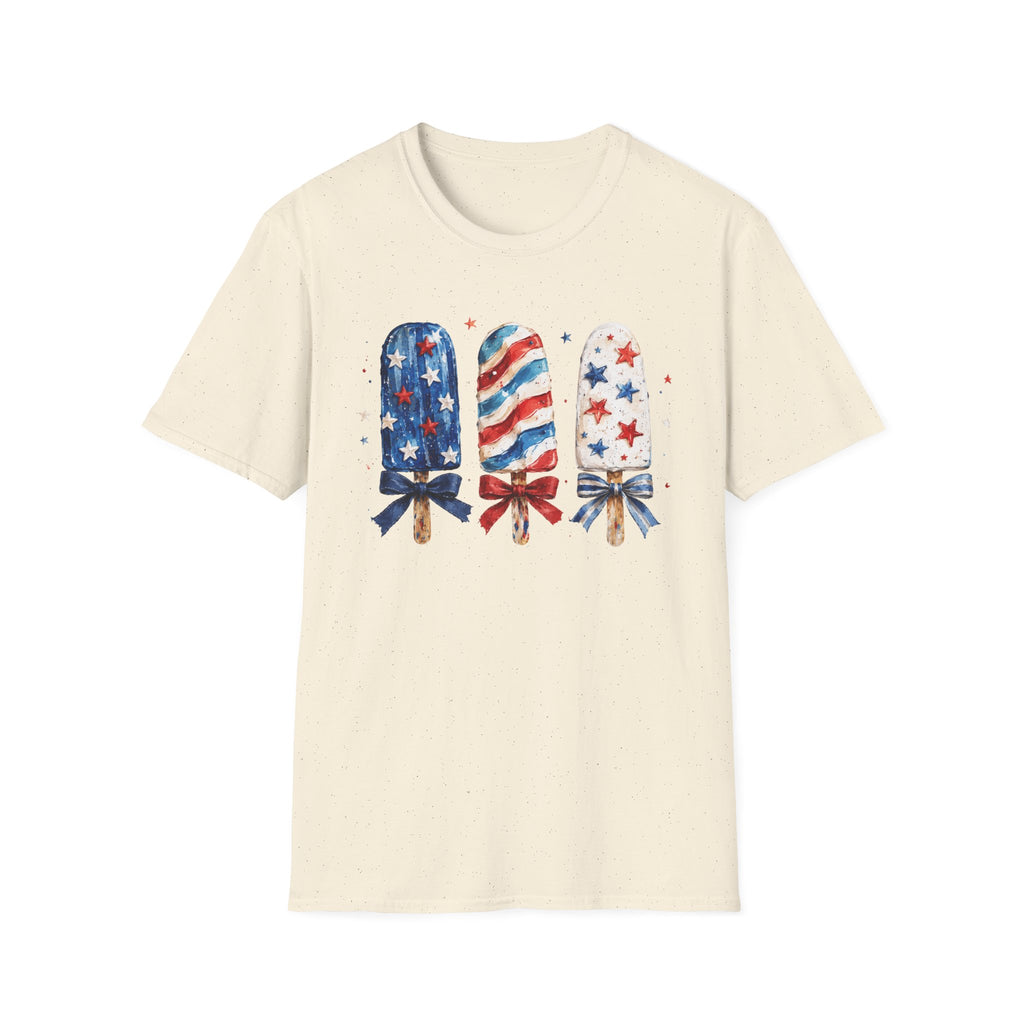 Patriotic Popsicle T-Shirt, Watercolor 4th of July Ice Cream Bow Tee, Cute Summer America Popsicle Shirt, Stars Stripes Coquette Bow Treat Gift Women