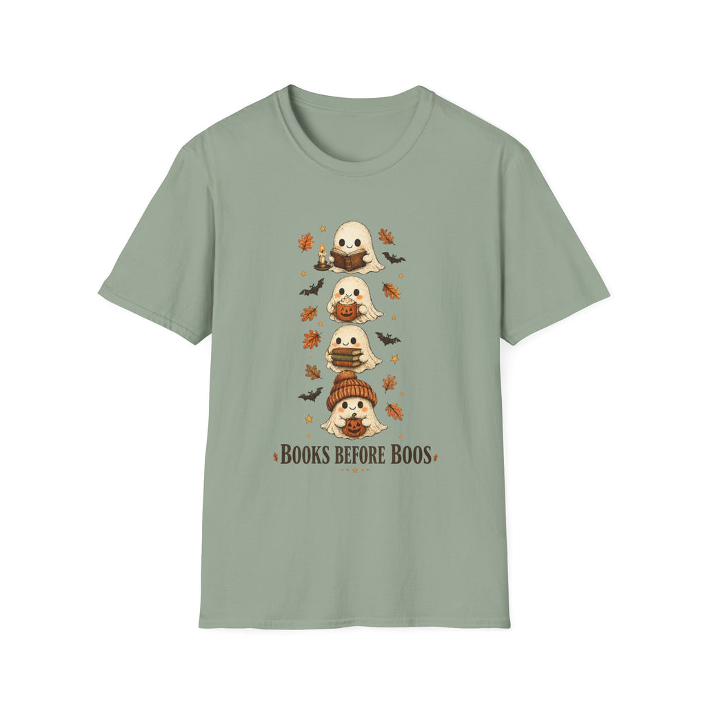 Ghost Stack T‑Shirt — "Books Before Boos" Cute Halloween Reading Tee