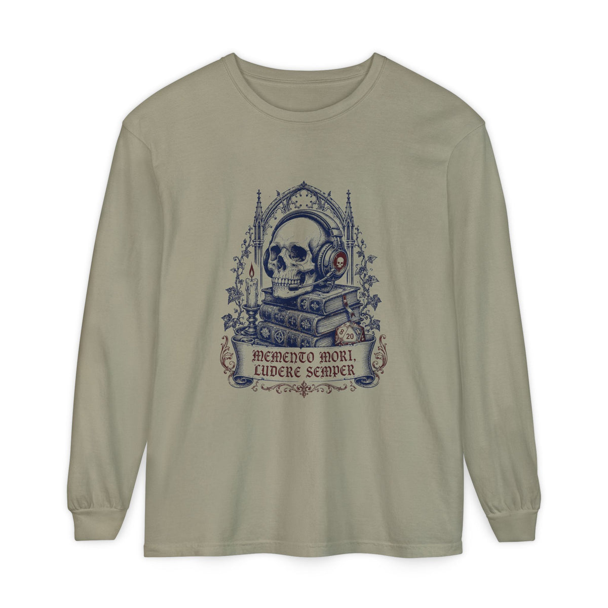 Gothic Skull 'Memento Mori' Bookstack Design - Long Sleeve T-Shirt