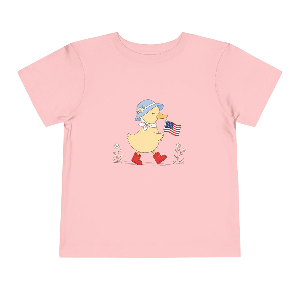 Patriotic Duck USA Tee, Cute Red White Blue Shirt, Summer Flag Graphic Top, Fourth of July Celebration Outfit Toddler Short Sleeve Tee