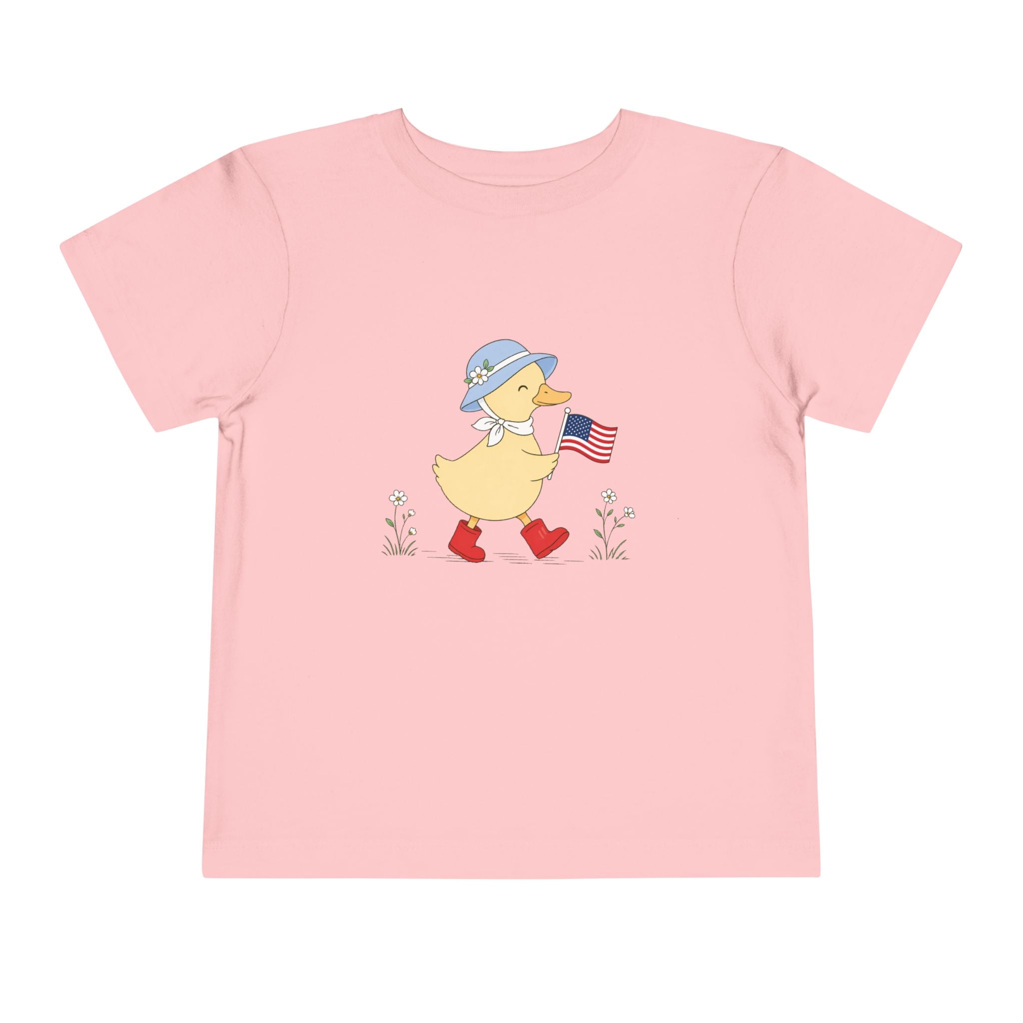 Patriotic Duck USA Tee, Cute Red White Blue Shirt, Summer Flag Graphic Top, Fourth of July Celebration Outfit Toddler Short Sleeve Tee