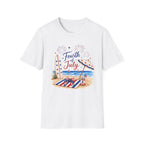 Fourth of July Beach Scene T-Shirt, Patriotic Summer Ocean Surfboard Tee, 4th of July Beach Vacation Shirt, Fireworks Umbrella Surfboard America