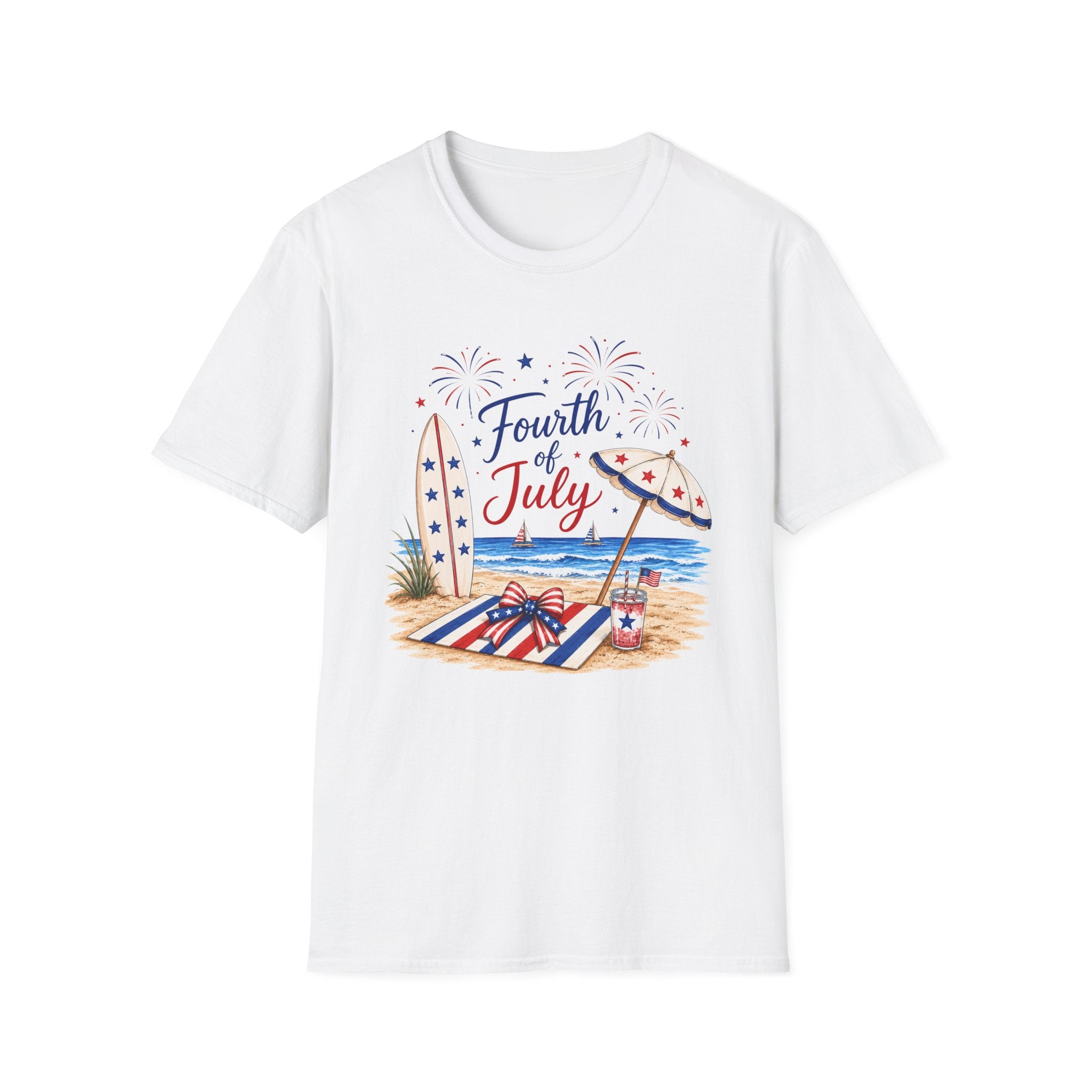 Fourth of July Beach Scene T-Shirt, Patriotic Summer Ocean Surfboard Tee, 4th of July Beach Vacation Shirt, Fireworks Umbrella Surfboard America