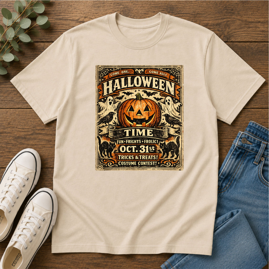 Vintage Halloween Pumpkin T-Shirt — "Halloween Time" Retro Poster Tee