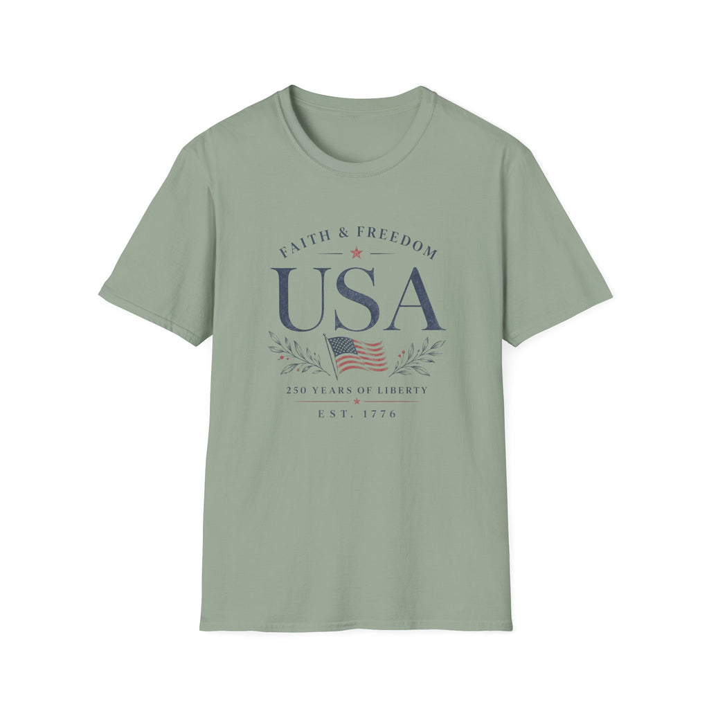 USA Faith Freedom T-Shirt | Patriotic 250 Years Liberty Graphic Tee, American Flag Heritage Top