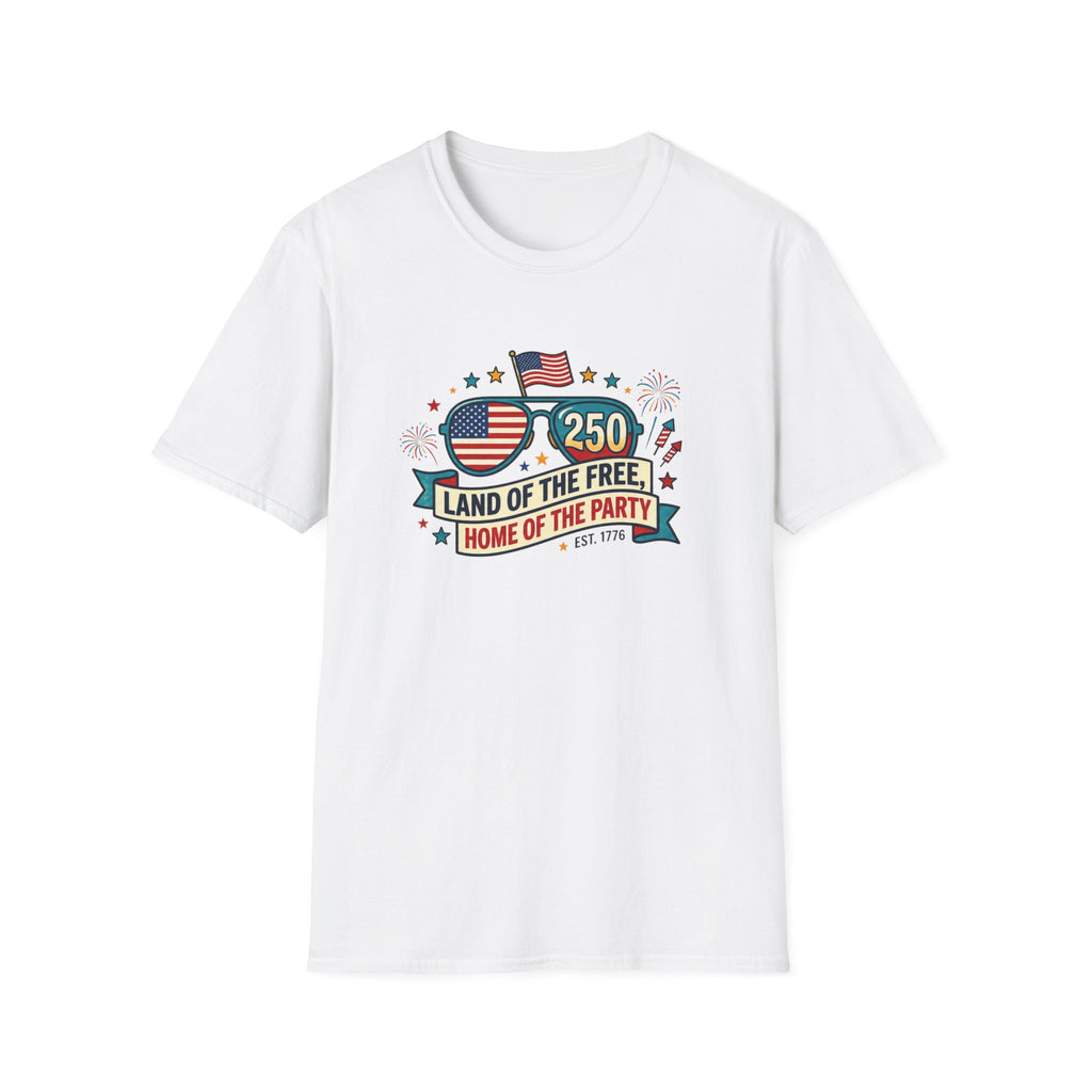 Land of the Free Home of the Party Tee, USA 250 Sunglasses Shirt, Red White Blue Celebration Graphic Top, Patriotic Fourth of July Outfit T-Shirt