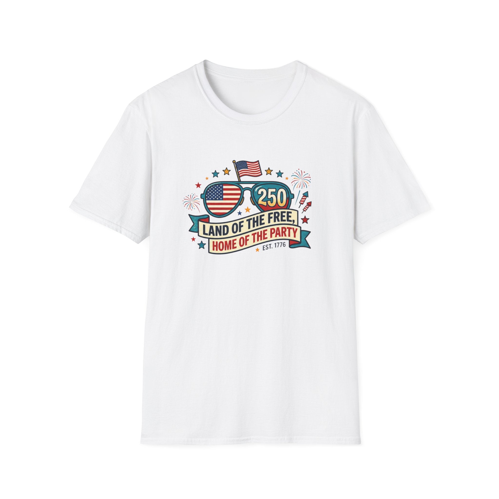 Land of the Free Home of the Party Tee, USA 250 Sunglasses Shirt, Red White Blue Celebration Graphic Top, Patriotic Fourth of July Outfit T-Shirt