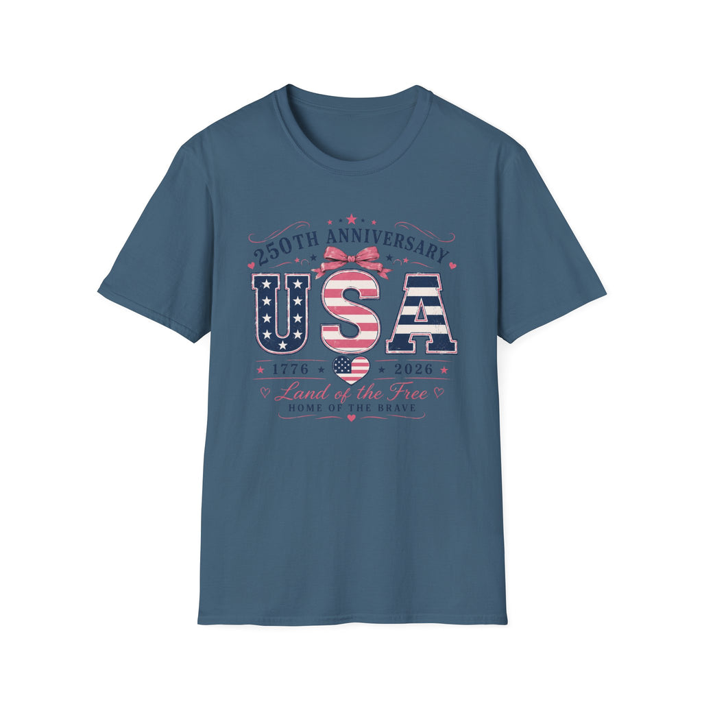 250th Anniversary USA Coquette Bow Shirt, Land of the Free Home of the Brave Women's Tee, Varsity Stars Stripes Heart 1776 2026 T-Shirt