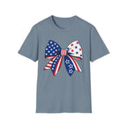 Oversized American Flag Bow T-Shirt, Cheer Bow Stars Stripes Patriotic Tee, Big Coquette 4th of July Bow Shirt, Bold Graphic USA Bow Gift Women Girls Independence Day