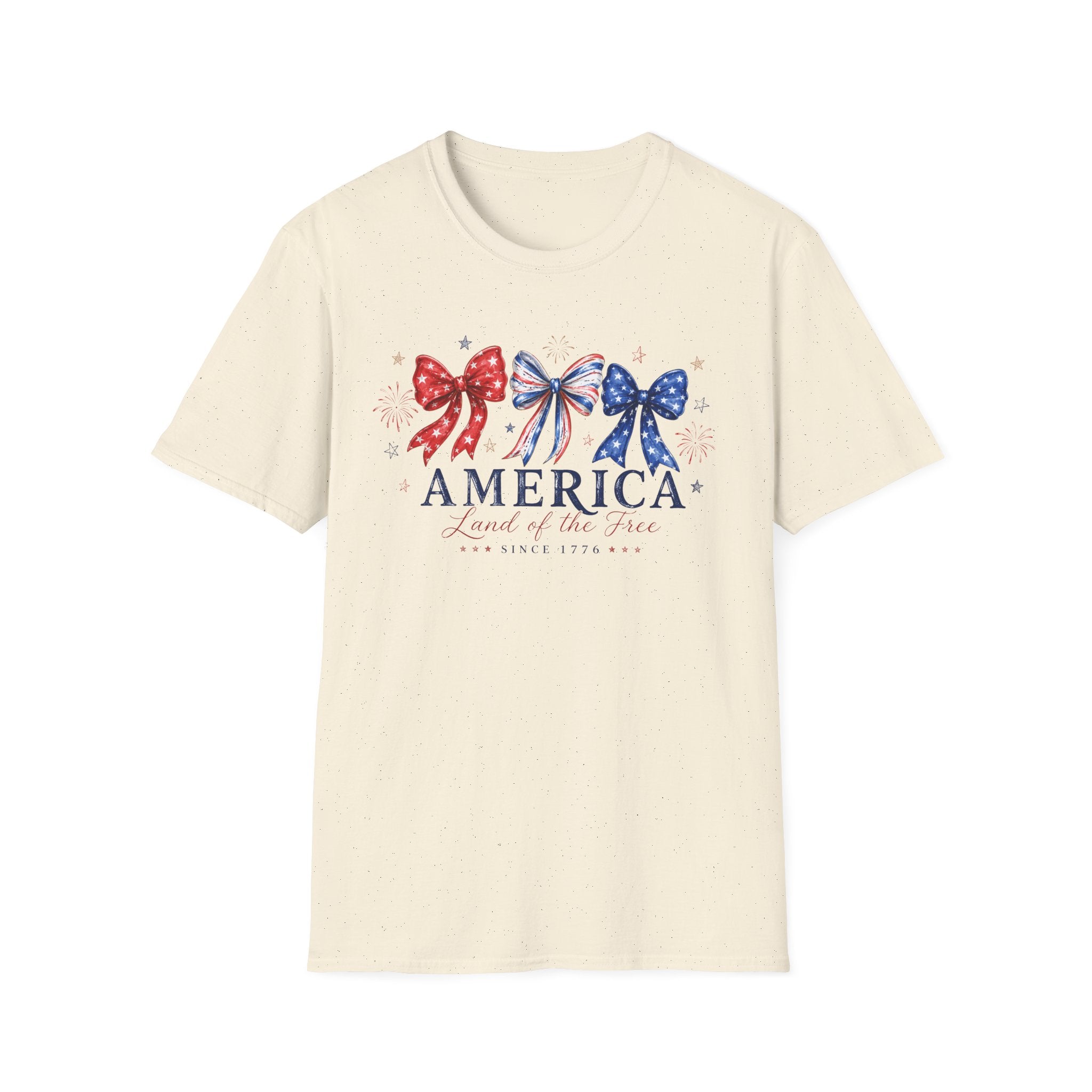 America Land of the Free Graphic Tee - Patriotic 4th of July Coquette Bow T-Shirt