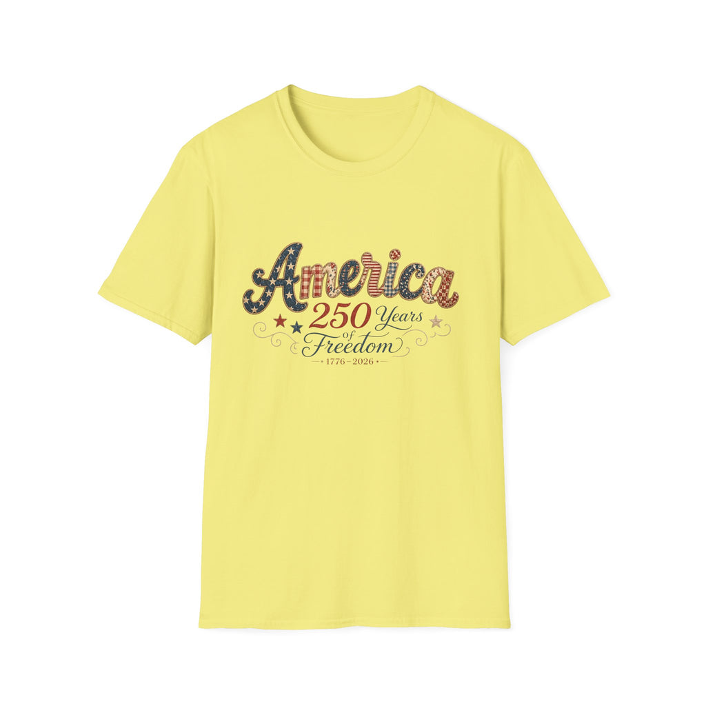 America 250 Years of Freedom Patchwork Shirt, Retro Patriotic Script Tee 1776 2026, 4th of July Vintage Americana T-Shirt, Gingham Stars Scrollwork Anniversary