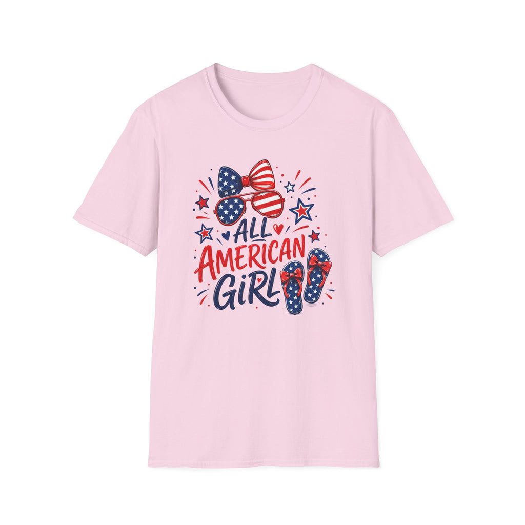All American Girl Tee, Patriotic Bow Flip Flops Shirt, Red White Blue Graphic Top, Cute USA Fourth of July Outfit T-Shirt