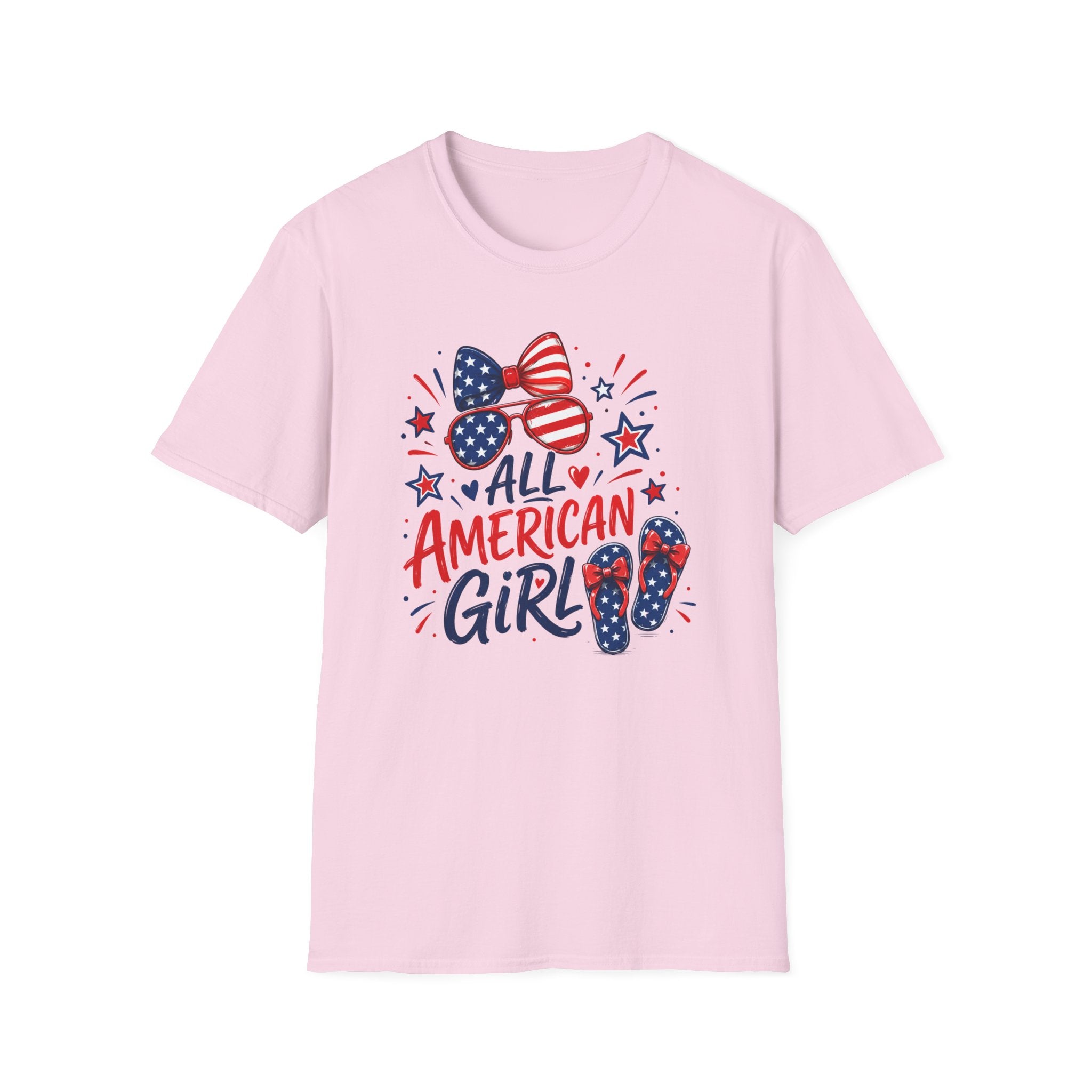 All American Girl Tee, Patriotic Bow Flip Flops Shirt, Red White Blue Graphic Top, Cute USA Fourth of July Outfit T-Shirt