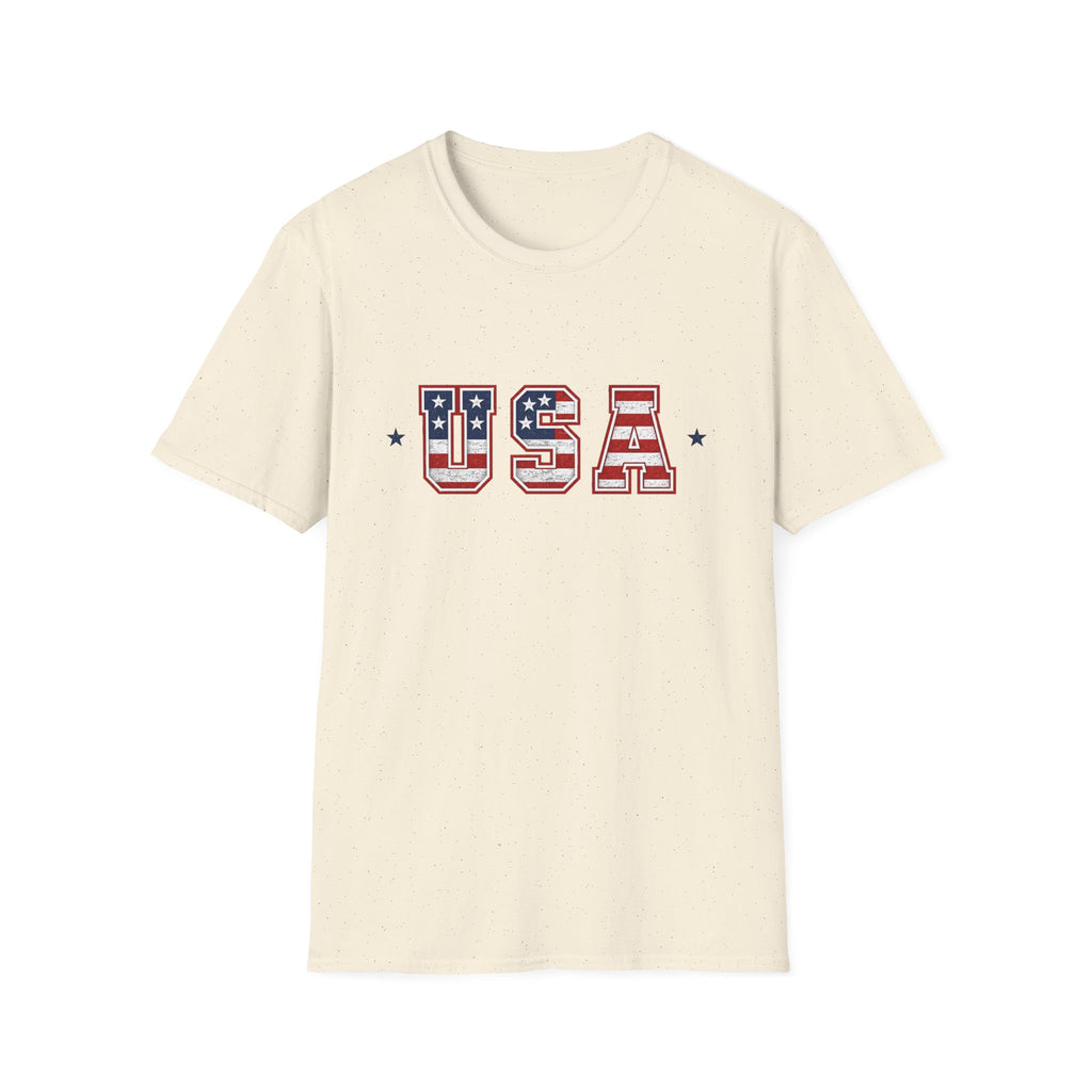USA Varsity Lettering T-Shirt | Patriotic American Flag Block Graphic Tee, Fourth Of July Stars Stripes Top