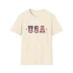USA Varsity Lettering T-Shirt | Patriotic American Flag Block Graphic Tee, Fourth Of July Stars Stripes Top