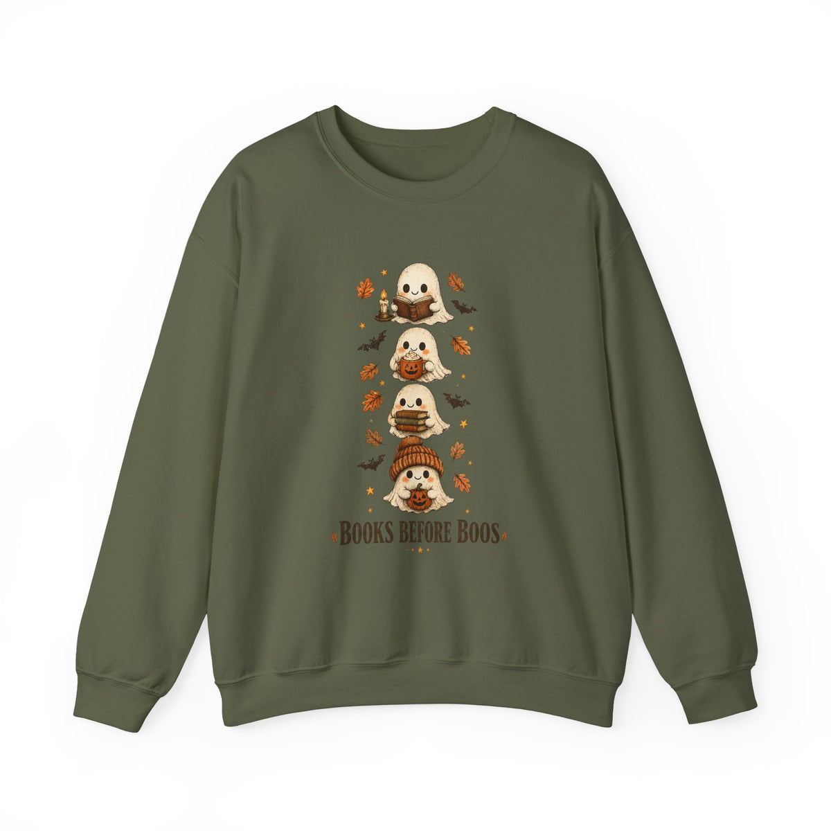 "Books Before Boos" Cute Halloween Ghost Stack Crewneck Sweatshirt