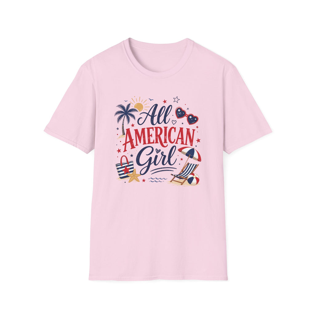All American Girl Graphic Tee - Patriotic 4th of July Summer Beach T-Shirt