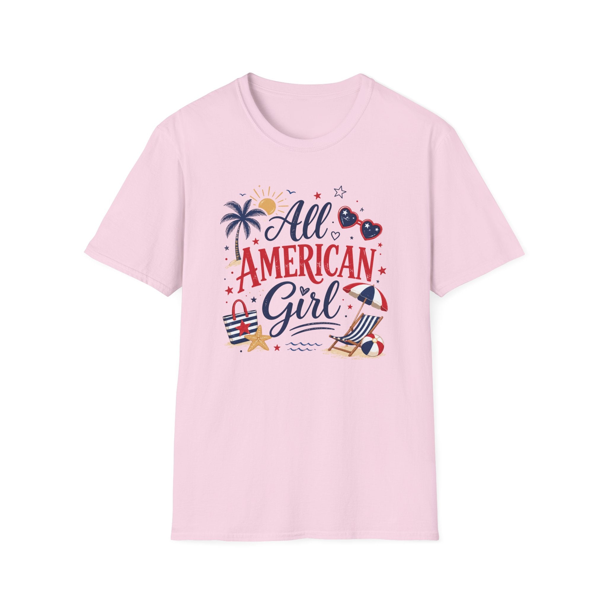 All American Girl Graphic Tee - Patriotic 4th of July Summer Beach T-Shirt