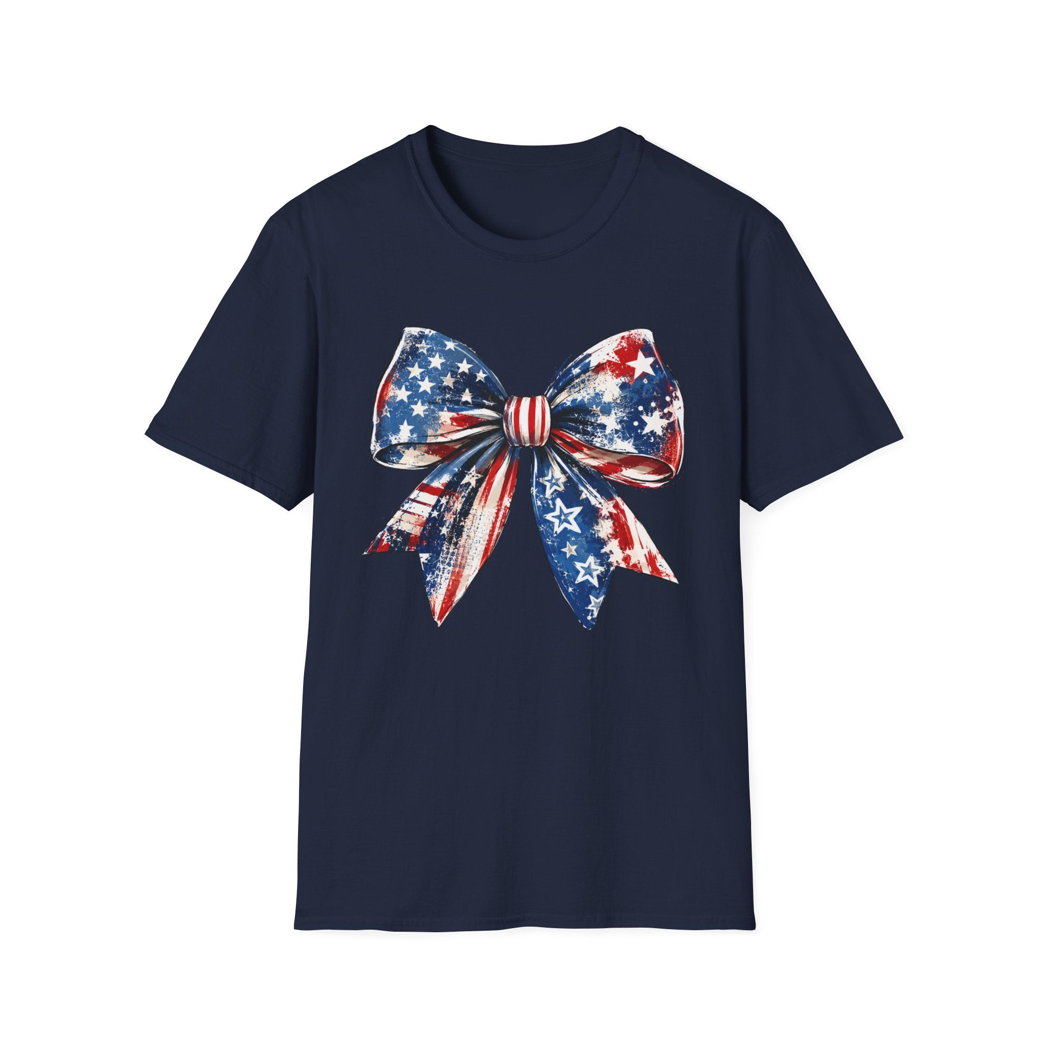 Distressed Watercolor Patriotic Bow T-Shirt, Vintage Grunge American Flag Bow Tee, Worn Texture Coquette 4th of July Shirt, Brushstroke Stars Stripes Bow Gift
