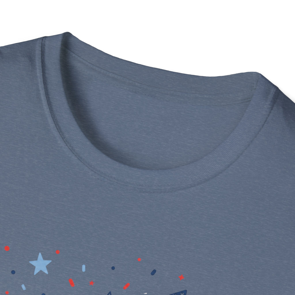 Patriotic Doodle Collage T-Shirt, Cute 4th of July Bow Heart Flag Confetti Tee, Whimsical Festive America Shirt, Coquette Patriotic Icon Scatter Gift