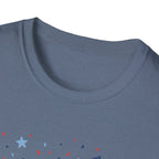 Patriotic Doodle Collage T-Shirt, Cute 4th of July Bow Heart Flag Confetti Tee, Whimsical Festive America Shirt, Coquette Patriotic Icon Scatter Gift