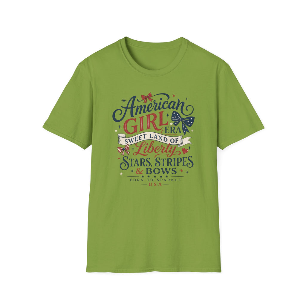 American Girl Era Tee, Sweet Land of Liberty Shirt, Stars Stripes Bows Graphic Top, USA Born Raised Patriotic Outfit T-Shirt