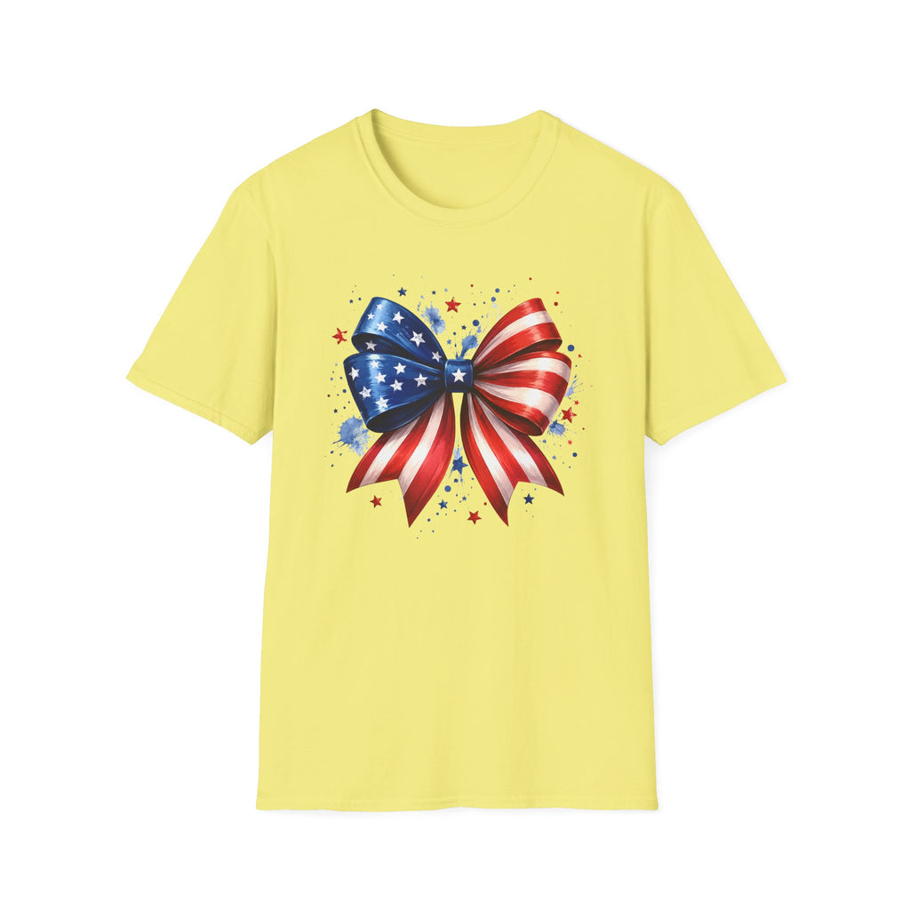 Watercolor American Flag Bow 4th of July Graphic Tee Stars Stripes - Patriotic Coquette T-Shirt