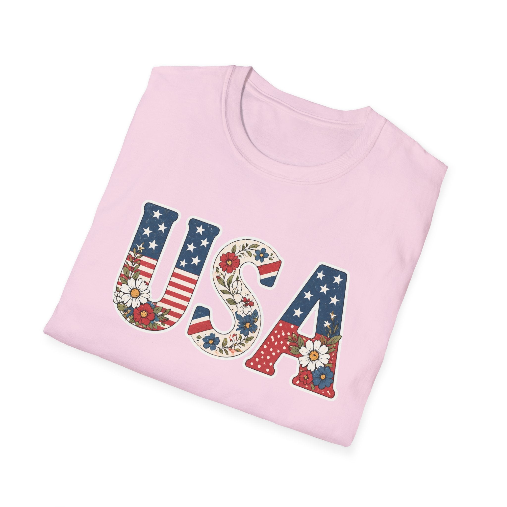 USA Patriotic Floral T-Shirt | American Flag Block Lettering Graphic Tee, Fourth Of July Vintage Cottagecore Top