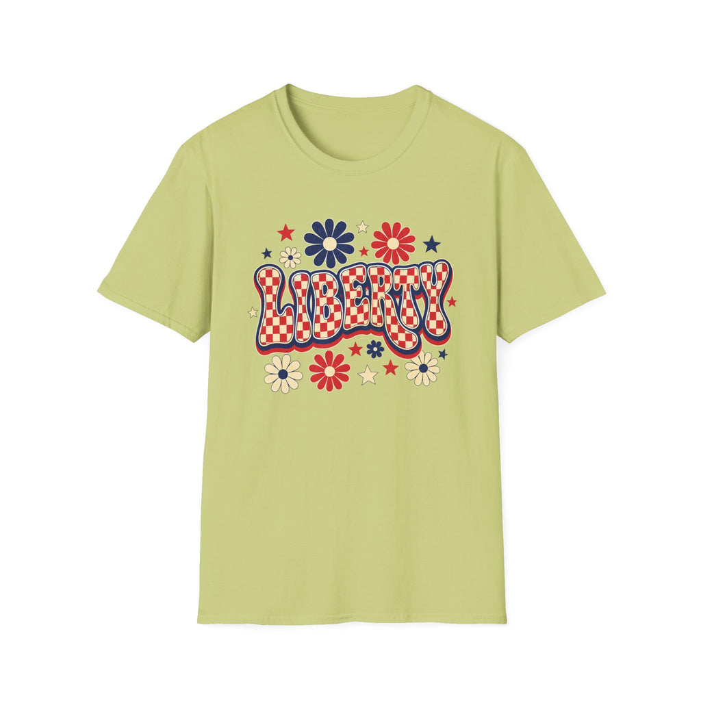 Liberty Retro USA Tee, Vintage Red White Blue Shirt, Patriotic Floral Graphic Top, Fourth of July Celebration Outfit Unisex Softstyle T-Shirt